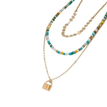 Imagem de Colares empilhados para mulheres, pingente de chaveiro e cadeado de ouro, arco-íris, longo, boêmio, amizade, amor, joias, presente, Large, Liga de aço, Sem Pedra Preciosa