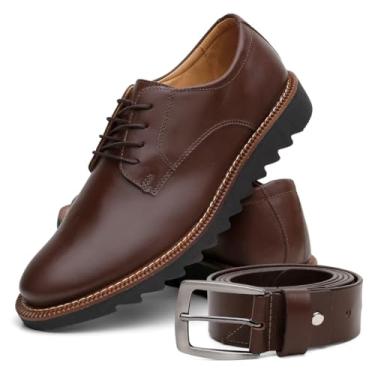 Imagem de Conjunto Sapato Oxford Masculino Solado Alto Em Couro Legítimo Com Cinto Ajustável Confortável Para Eventos (Cafe, BR, Adulto, Numérico, 37)