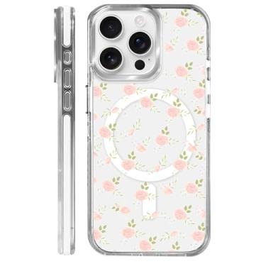 Imagem de MQJCYB Capa magnética para iPhone 15 Pro com design em base transparente, compatível com MagSafe, capa protetora fina de TPU macio para celular feminina e meninas para iPhone 15 Pro-Lindas flores rosa