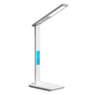 Imagem de ngnsky Lâmpada de mesa de LED dobrável multifuncional 6 em 1 com carregador sem fio, relógio digital, alarme, temperatura do calendário, iluminação para cuidados com os olhos, porta de carregamento