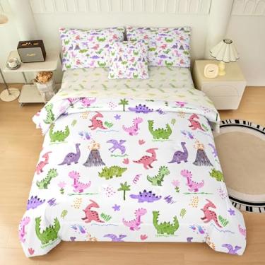 Imagem de Yadangxiawa Jogo de cama solteiro de dinossauro, 6 peças, para adolescentes, com 1 colcha + 1 lençol de cima + 1 lençol com elástico + 2 fronhas + 1 capa de almofada (solteiro C-dinossauro)