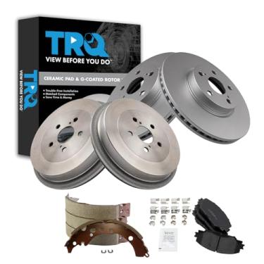 Imagem de TRQ Pastilha de freio dianteiro e traseiro e rotor, kit de sapata e tambor cerâmica revestida com G premium compatível com Toyota Corolla 2009-2015