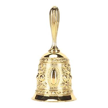 Imagem de Pilipane Sino de anel de mão vintage floral em relevo dourado para serviço de restaurante eventos de casamento decoração de casa liga de zinco 5,6 x 5,6 x 11,7 cm