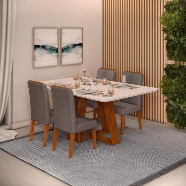 Imagem de Conjunto Sala De Jantar Mesa Com 4 Cadeiras Tampo Curvo 160cm Kiara Freijó/off White Yasmin Veludo Lunar - Dj Móveis