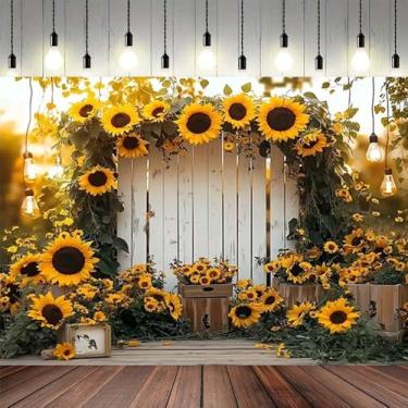 Imagem de Cerca de madeira rústica, girassol, floral, fotografia, fundo, flor, amarelo, parede, abelha, girassol, pano de fundo para o dia das mães, casamento, chá de panela, aniversário, festa de aniversário