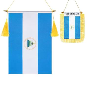 Imagem de Pacote com 2 bandeiras de parede da Nicarágua, mini bandeira nicaraguense pendurada na janela do carro, acabamento acetinado, tecido resistente, bandeiras patrióticas para decoração de espelho