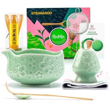 Imagem de TEANAGOO Conjunto de batedor Matcha, conjunto de 7 peças matcha azul verde, kit de cerimônia matcha, conjunto de chá matcha para fazer latte, tigela de cerâmica (chawan) com bico e batedeiro, presente