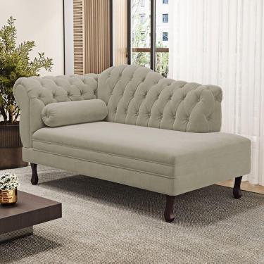 Imagem de Divã Recamier Lavínia Clássico 120cm Capitonê Com Pés De Madeira Suede Bege - Desk Design