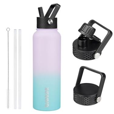 Imagem de BJPKPK Garrafas de água isoladas com tampa de palha, garrafas de água de aço inoxidável de 1,2 l com 3 tampas, garrafa de água de metal grande, sem BPA, garrafa térmica à prova de vazamento para