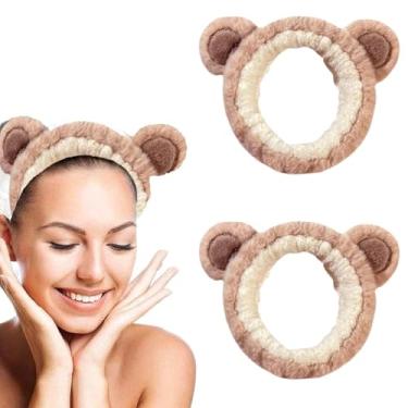 Imagem de 1 faixa de cabeça feminina elegante de urso cáqui, faixa de cabeça fofa de desenho animado, acessório feminino de lavagem de rosto e maquiagem
