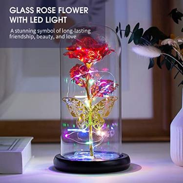 Imagem de CUOFYUNL Flor Rosa de Vidro LED Luz Colorida Rosa em Vidro Flor Rosa Para Sempre Presente para Mulheres Dia das Mães Dia dos Namorados Casamento Romântico Festa em Casa Festivais (Vermelha)