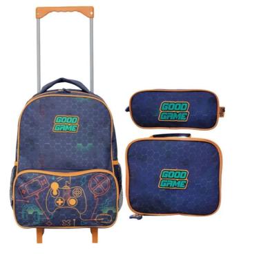 Imagem de Kit Mochila Escolar Rodinhas Com Lancheira E Estojo Para Meninos - Good Game - Yins Kids Azul Escuro
