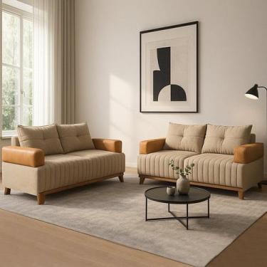 Imagem de Conjunto Sofá 3 e 2 Lugares Linho Aveludado Fixo Moderno Bege Sienna -