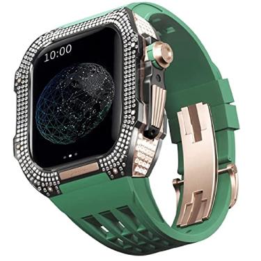 Imagem de TONECY Pulseira de borracha moldura de titânio para Apple Watch 7/6/5/4/SE Apple Mod Watch acessório de substituição titânio luxo capa compatível com série IWatch 44mm com ferramenta