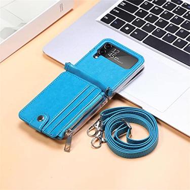Imagem de Capa de telefone transversal com zíper para Samsung Galaxy Z Flip 4 5G compartimento para cartões de crédito capa traseira de couro com cordão, azul, para Galaxy Z Flip4 5G