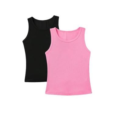 Imagem de Milumia Camiseta regata feminina casual de malha canelada gola redonda 2 peças sem mangas justa, Preto e rosa, 14 Anos