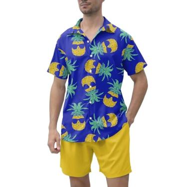 Imagem de Ahegao Conjunto masculino havaiano de 2 peças de camisas e shorts para praia de verão Aloha, Amarelo, azul, P
