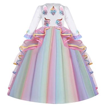 Imagem de NEWEPIE Fantasia de unicórnio para meninas, vestido de manga comprida, vestido de tule longo de festa de aniversário de princesa, casamento, Halloween, Natal, festa, Multicolorido., 14-15 Anos