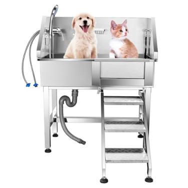 Imagem de Globamboo Estação de banheira de 86 cm, pia de chuveiro profissional de aço inoxidável com torneira, rampa de acesso e acessórios para animais de estimação (porta direita)