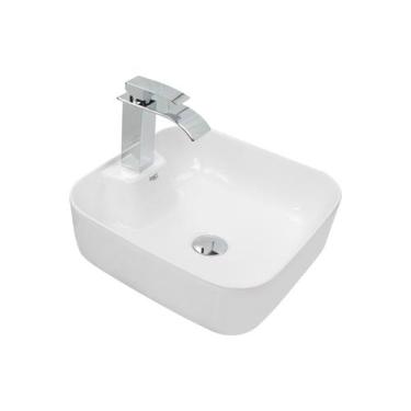 Imagem de Kit Cuba Pia Louça Cerâmica Banheiro C/Torn e Vál Cromada 44 - Smart N