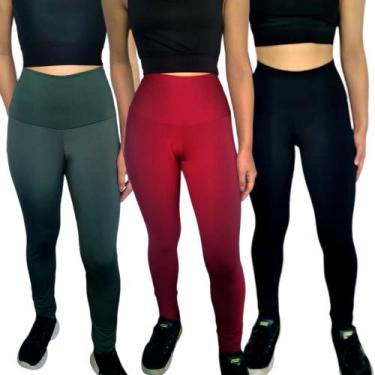 Imagem de Kit 3 Calças Femininas Legging Justas Cós Cintura Alta Lisa Cores Sort