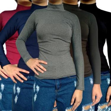 Imagem de Kit 5 Blusinhas Femininas Gola Alta Manga Longa Justas Cores Sortidas 