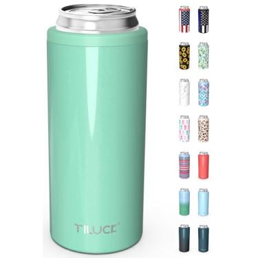 Imagem de TILUCK Cooler de lata skinny para cerveja fina e seltzer duro, aço inoxidável, latas finas isoladas de aço inoxidável de parede dupla, padrão de 355 ml (Glitter Aqua)