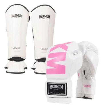 Imagem de Kit Caneleira Classic White + Luva Boxe Muay Thai Kickboxing Maximum M