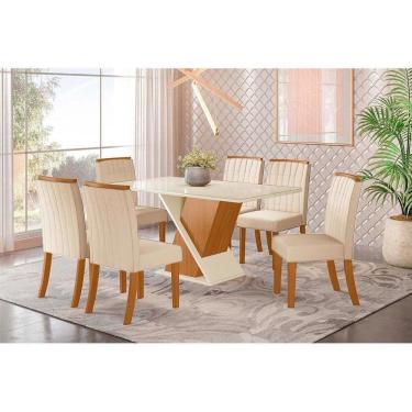 Imagem de Conjunto: Mesa de Cozinha Solus Tampo Madeirado c/ Vidro 160x90cm e 6 Cadeiras Tauá Nature/Linho - Henn