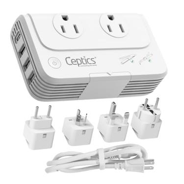 Imagem de Ceptics Conversor de tensão internacional de viagem 150W 220V para 110V com 3 tomadas + 4 entradas USB – Cabo europeu