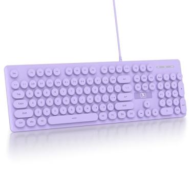 Imagem de iRoboosta Teclado silencioso com fio de membrana roxo, quadro de chave de máquina de escrever tamanho completo de 104 teclas com teclado numérico, retroiluminado por LED branco, teclas redondas