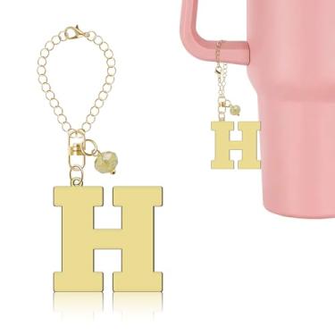 Imagem de Lukiisoo Corrente de garrafa de água dourada com pingente de cristal fofo, acessórios de pingente de letra para copo Stanley com alça, chaveiro inicial personalizado para carteira mochila e pingente