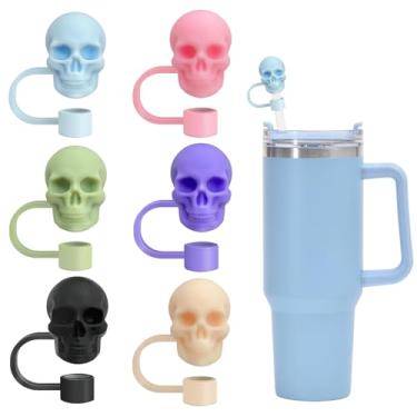 Imagem de 6 peças de cobertura de palha de silicone esqueleto de Halloween para copo Stanley, tampa de palha reutilizável à prova de poeira de 10 mm para copo com alça, presente festivo para amantes de café/chá