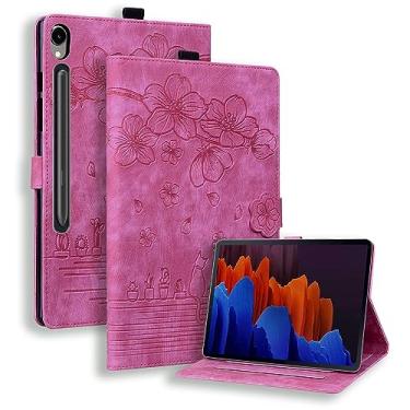 Imagem de Rosbtib Capa para Samsung Galaxy Tab S9/S8/S7 11 polegadas, capa de proteção contra quedas com gato cereja em couro sintético premium em relevo para Galaxy Tab S9/S8/S7 - Rosa vermelha
