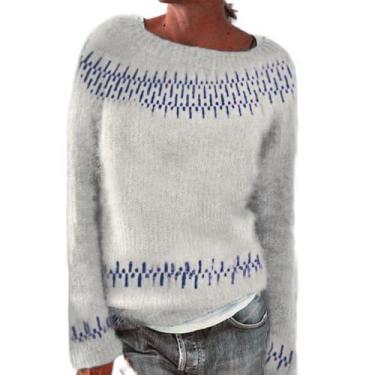 Imagem de Suéter feminino DMOYALA 2024 com estampa Fair Isle vintage cinza GG