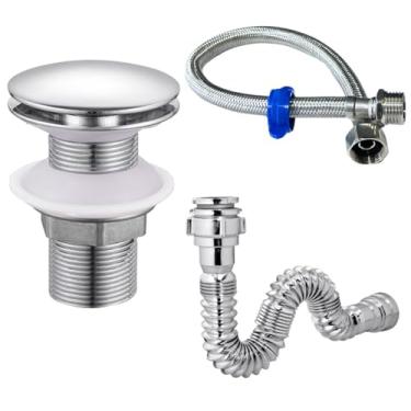 Imagem de Kit Banheiro Cromado Válvula Click 7/8 Metal + Sifão Sanfonado Metalizado PVC + Engate Trançado Inox 40cm Prateado Completo Cuba Lavabo