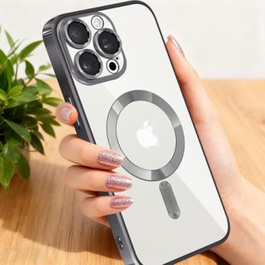 Imagem de Capa magnética transparente para iPhone 15 Pro Max, com protetor de lente de câmera [compatível com MagSafe] Capa de telefone fina e fina com borda revestida com glitter, capa de TPU macio para homem