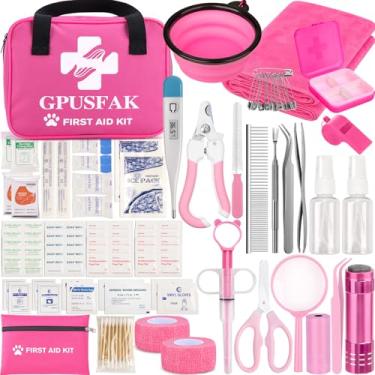 Imagem de GPUSFAK Kit de primeiros socorros rosa para cães e gatos 136 peças - Kit de emergência para animais de estimação para acampamento, caminhada, viagem, caça