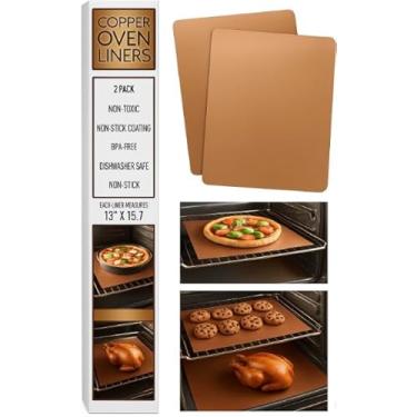 Imagem de Pacote com 2 forros de cobre | Protetores de forno antiaderentes reutilizáveis para fornos elétricos e a gás, tapetes resistentes ao calor de 33 x 39,9 cm