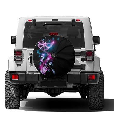 Imagem de Dujiea Capa de pneu sobressalente de flores estrelas e borboletas com orifício para câmera de reserva, protetor de pneu de roda universal para Jeep Trailer RV Van SUV Truck Camper e muitos veículos