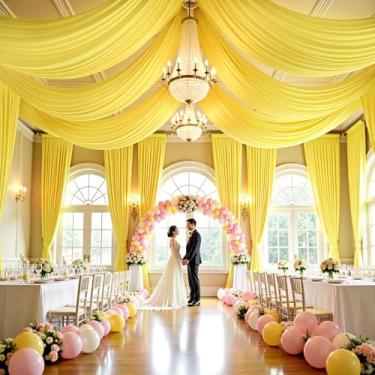 Imagem de PartyVillage 2 painéis de 1,5 m x 6 m cortinas de teto amarelo claro para festas de casamento – 6 m de poliéster grosso extra longo sem rugas decoração de barraca para festa de aniversário, cerimônia