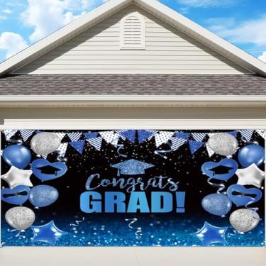 Imagem de OERJU Banner azul para porta de garagem de formatura parabéns graduado pano de fundo para pendurar porta de garagem aula de parabéns de 2025 suprimentos de decoração de festa de formatura decoração de