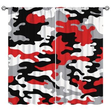 Imagem de Cortina camuflada, tratamentos de janela com padrão de camuflagem do exército caçador, preto, vermelho, cinza, abstrato, cortinas com isolamento térmico, 2 conjuntos de painéis para quarto, sala de