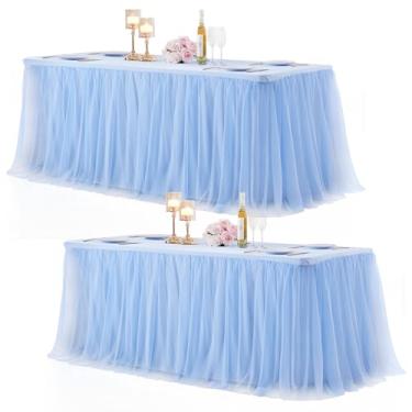 Imagem de Toalha de mesa azul bebê elastano toalha de mesa de tule ajustável 1,8 m, saia de mesa retangular, azul claro, capas de mesa para festa, banquete, aniversário, chá de bebê, casamento, pacote com 2