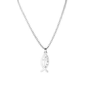 Imagem de WETMT Colar feminino de peixe dourado com pingente cristão Ichthus de prata, colar exclusivo com cruz de Jesus, símbolo religioso, acessórios de joias cristãs, Large, Liga de aço, Sem Pedra Preciosa