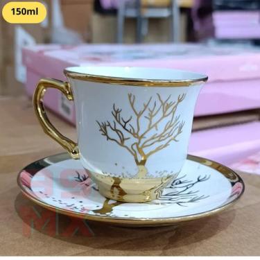 Imagem de Xícara Premium 150ml com Pires  Porcelana Decorada em Dourado Árvores 