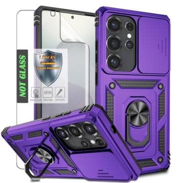 Imagem de AYMECL Capa S25 Ultra com suporte giratório integrado, capa para câmera deslizante e filme HD autorreparável - Projetada para Samsung Galaxy S25 Ultra, roxa