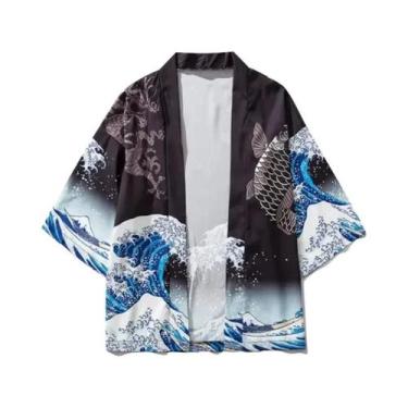 Imagem de Kimono Cardigã Tradicional Japonês Com Padrão De Carpa Verde Para Home