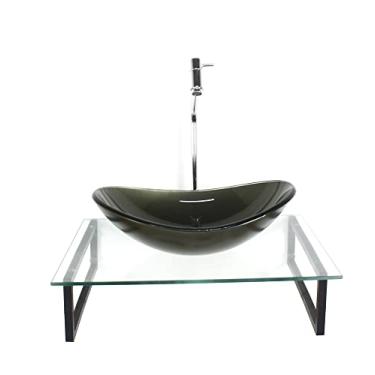 Imagem de KIT CUBA DE VIDRO OVAL 10MM OURO ENVELHECIDO TAMPO 50CM INCOLOR COM SUPORTE TORNEIRA VALVULA