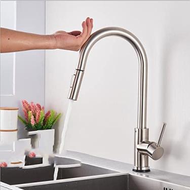 Imagem de Torneira de cozinha de toque inteligente torneiras de sensor de sondagem de ouro escovado preto/níquel 360 guindaste de rotação 2 torneiras misturadoras de água, sentido de níquel escovado, china